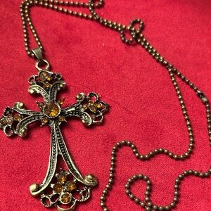Vintage Cross Pendant Necklace with Amber Accents